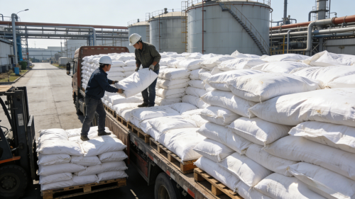 涂料生产车间氢氧化铝添加剂成品整齐堆放