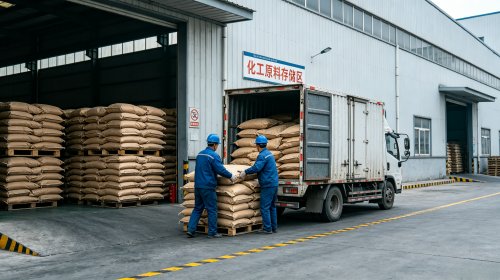低硅氢氧化铝源头工厂仓库，叉车向货车装载低硅成品，矿石精选加深度脱硅工艺硅含量可控，满足电子覆铜板与精密陶瓷需求