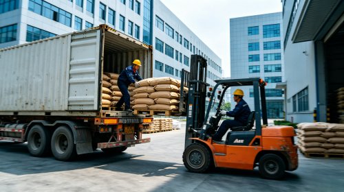 氢氧化铝原料源头工厂仓库，叉车向货车装载原料级氢氧化铝，从铝土矿到白色粉末决定了铝盐阻燃人造石等下游品质