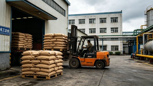 超细氢氧化铝源头工厂仓库，叉车向货车装载超细粉成品，粒度微米级研磨工艺成本高，是决定价格的核心