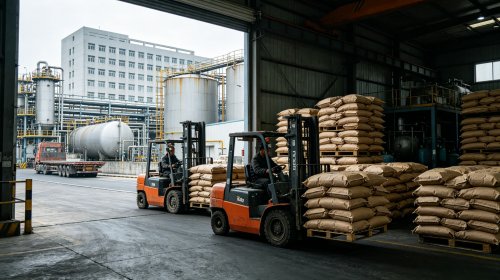 造纸用氢氧化铝源头工厂仓库，叉车向货车装载填料级氢氧化铝，白度高折光率匹配赋予纸张优异印刷适性