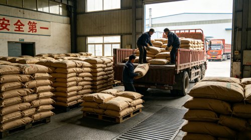 特种氢氧化铝源头工厂仓库，叉车向货车装载高纯低钠成品，超低杂质与精密晶型专为电子覆铜板与锂电池隔膜设计