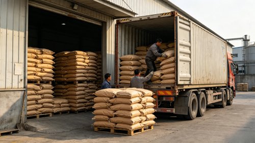阻燃级氢氧化铝源头工厂仓库，叉车向货车装载ATH阻燃剂成品，吸热分解稀释可燃气体覆盖隔绝三重机制协同阻燃